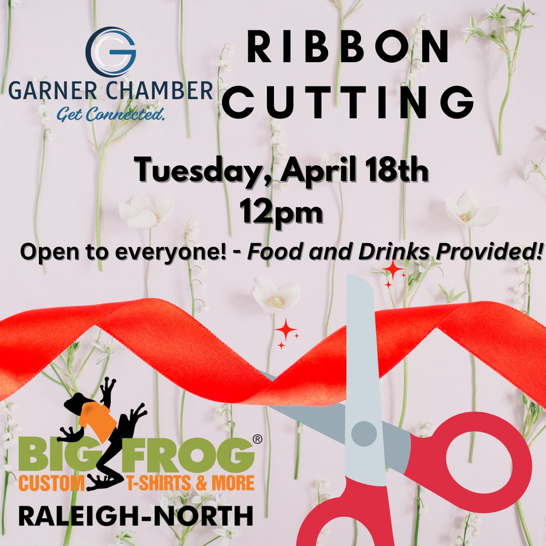 BigFrogRaleigh's tweet photo. Attend the #RibbonCutting event with @GarnerChamber on 4/18 @ 12pm! Register at https://t.co/QiohHoxXeW for free drinks, food, and door prizes. Network with similar individuals and witness the grand opening of Big Frog Custom T-Shirts &amp; More. https://t.co/KhMtPuAVWf