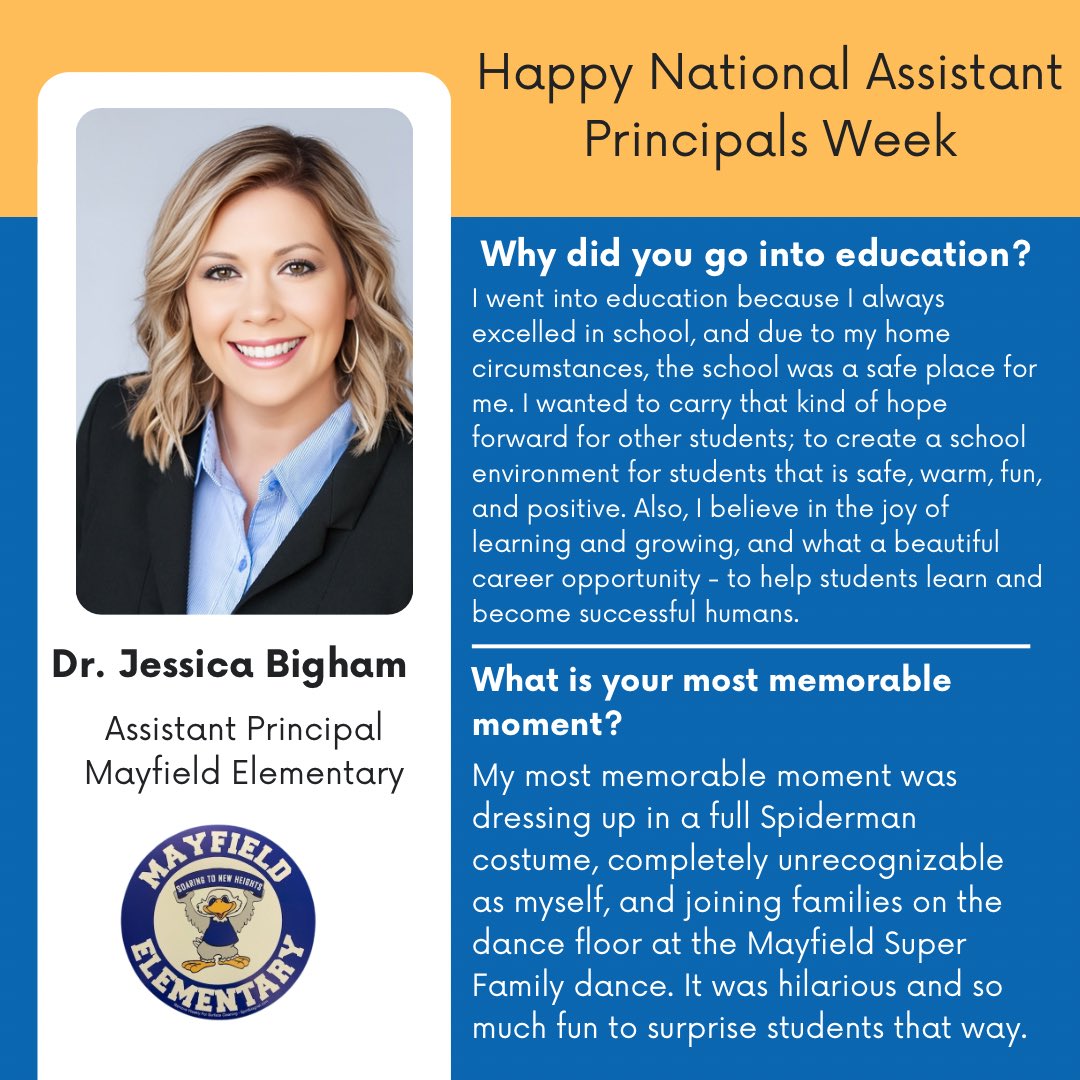 clevecityschool's tweet photo. Happy National Assistant Principals Week to Dr. Jessica Bigham! Dr. Bigham serves as Assistant Principal for Mayfield Elementary! Thank you for making a positive impact on your students. We appreciate all of your hard work! #APWeek23 https://t.co/Bj1ExOjrAl