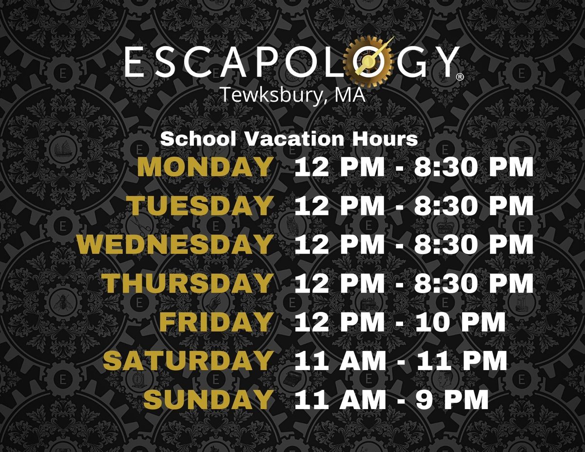 We have extended hours for Massachusetts April School Vacation! Be sure to book in advance before games fill up! All games are private! Book now: escapology.com/en/tewksbury-m…
