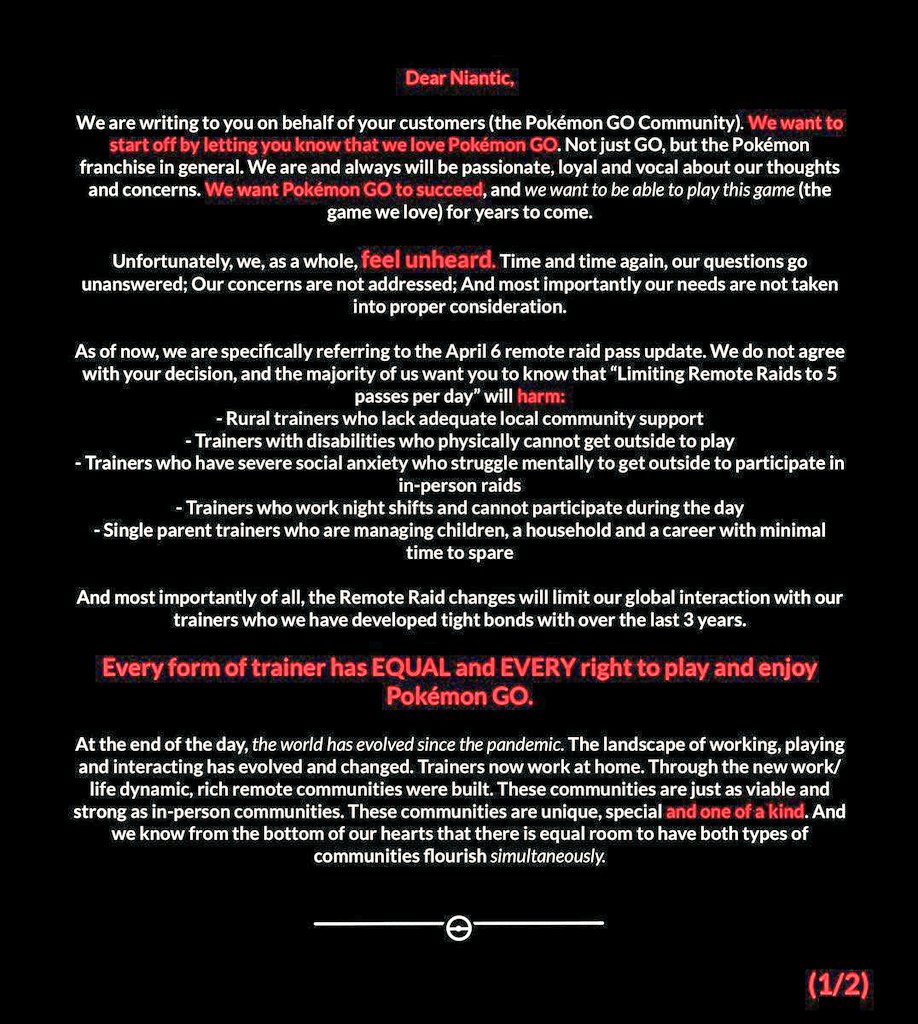 ZAGrrl's tweet photo. @PokemonGoApp This plea from the global @PokemonGoApp community with regard to the remote raid issue was shared on the UK @Discord server to which I belong. "We are sad, distraught and discouraged." 😢 If you are too, please share. #HearUsNiantic @NianticLabs https://t.co/p4D2zeV3Ei