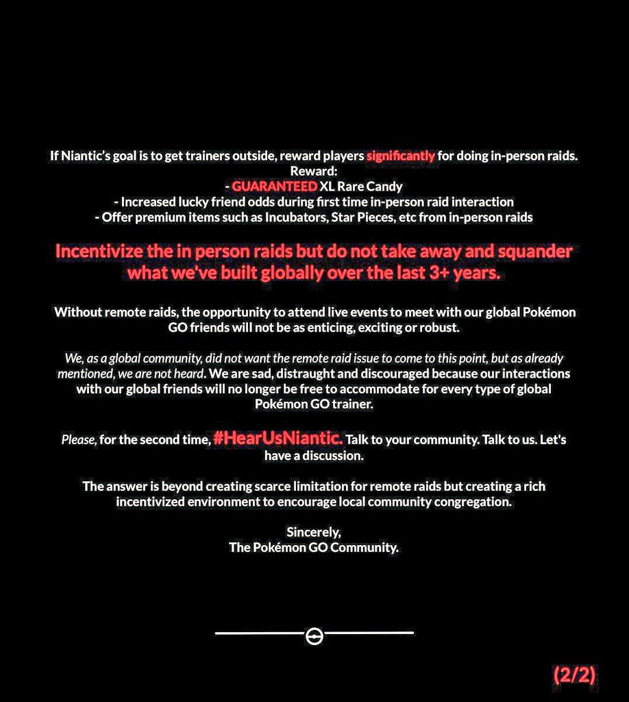 <a href="/PokemonGoApp/">Pokémon GO</a> This plea from the global <a href="/PokemonGoApp/">Pokémon GO</a> community with regard to the remote raid issue was shared on the UK @Discord server to which I belong. "We are sad, distraught and discouraged." 😢 If you are too, please share. #HearUsNiantic <a href="/NianticLabs/">Niantic</a>