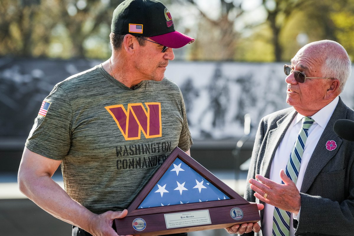 Commanders's tweet photo. Coach Rivera had the honor of visiting the World War I Memorial for today’s playing of Taps, where they paid tribute to him and his father Eugenio Rivera 🇺🇸 

@DoughboyFound | #HTTC https://t.co/hGcghgNXWi