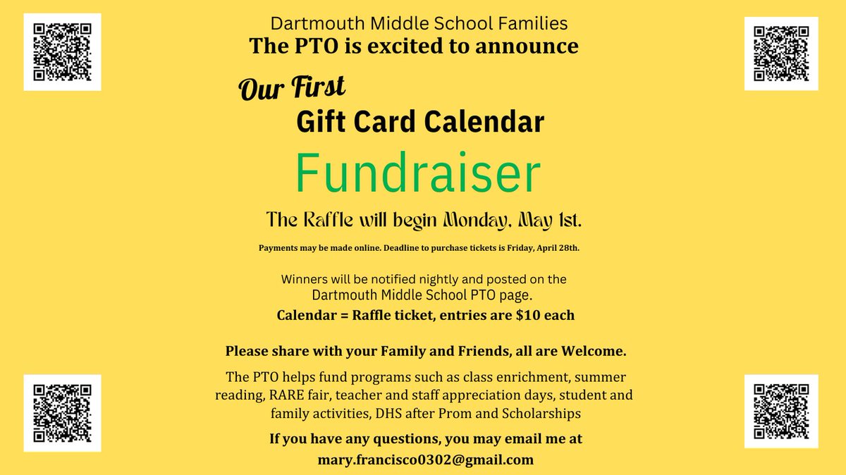 Dartmouth Middle School Families...The PTO is excited to announce their first Gift Card Calendar Fundraiser!  Raffle begins Monday, May 1st. Payments may be made online at my.cheddarup.com/c/calendar-raf… Deadline to purchase tickets is Friday, April 28th. Details on our site.