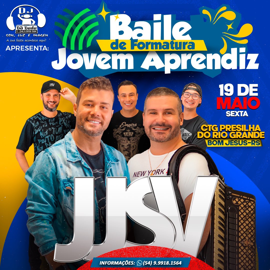 djduduproducoes's tweet photo. Dj Dudu-Som, Luz e Imagem apresenta:
Baile de formatura Jovem Aprendiz! 🤩
JJSV a noite toda! 🚀
Sexta, 19 de maio de 2023 no CTG Presilha do Rio Grande em Bom Jesus-RS
Informações: (54) 9.9918.1564
#eventos2023 #baile #jjsv #morena #loirademilhões ##djdudusomluzeimagem https://t.co/WYkVAdhs13
