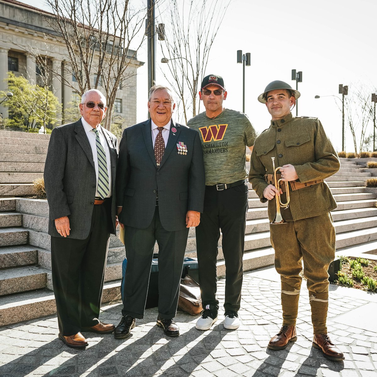 Commanders's tweet photo. Coach Rivera had the honor of visiting the World War I Memorial for today’s playing of Taps, where they paid tribute to him and his father Eugenio Rivera 🇺🇸 

@DoughboyFound | #HTTC https://t.co/hGcghgNXWi