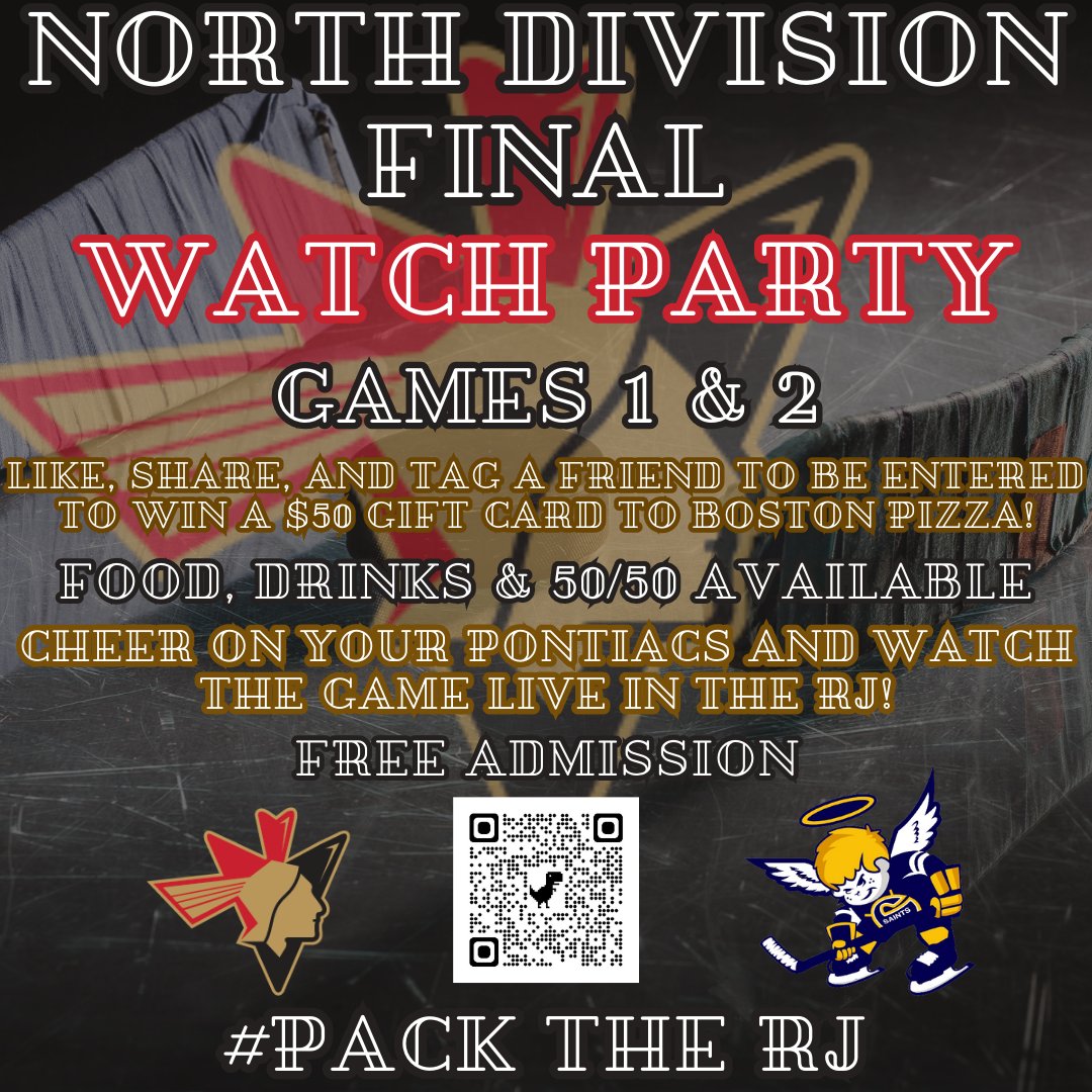 BPontiacs's tweet photo. Watch Party for Games 1 &amp; 2 of the North Division Finals in the RJ Lalonde Arena anyone?

Like, Share, and Tag a friend to Be entered for a chance to win a $50 Boston Pizza Gift Card!

Let us know you're coming! Head to https://t.co/R56KmiOc4C
#AJHL #GoYaks #PacktheRJ https://t.co/3W1RyD7FUS
