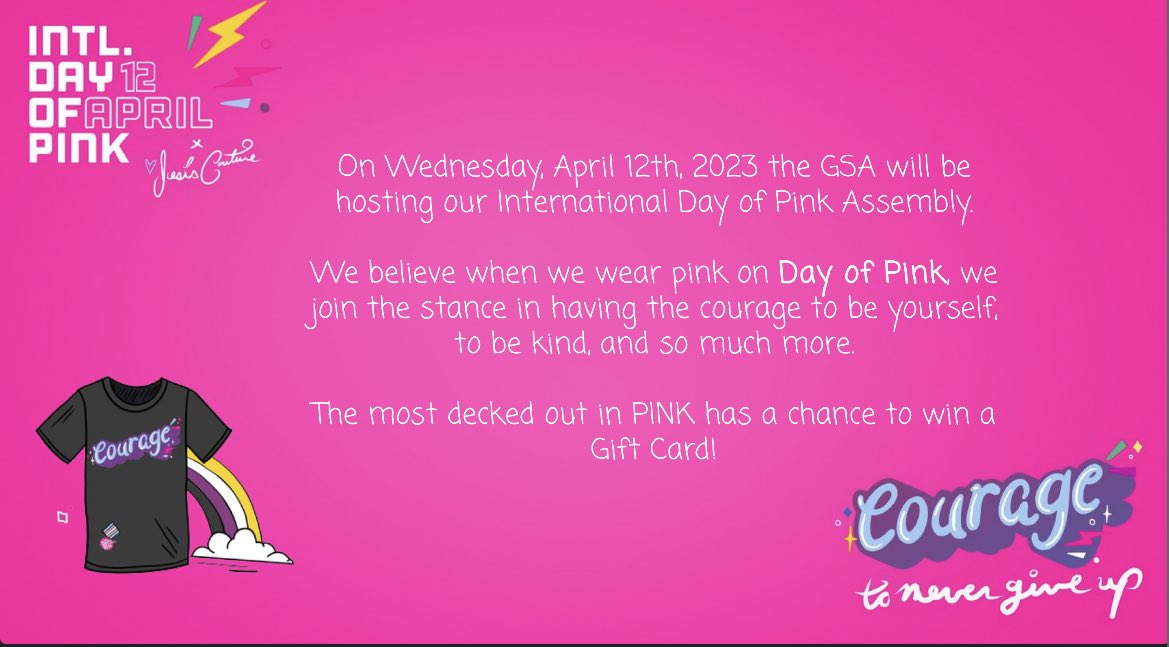 Hey Somerset, Our GSA students are excited to host our #InternationalDayofPink celebration next week! Let’s show our courage to be ourselves, be kind ans so much more! #deckedoutinpink <a href="/SomersetPS/">Somerset Dr PS</a>