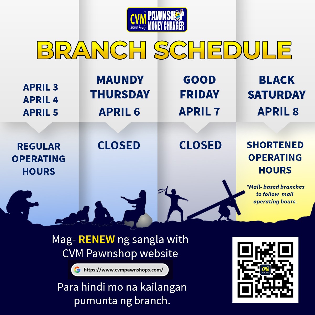 cvmpawnshops's tweet photo. Mga Ka-tropa, kami ay nakiisa sa pagdiriwang ng mataimtim na Semana Santa. 🙏🙏

Ibinabahagi namin dito ang mga branch schedule para sa Holy Week!

#cvmpawnshops #gadgetpangbudget #HolyWeek https://t.co/5vABK8w775