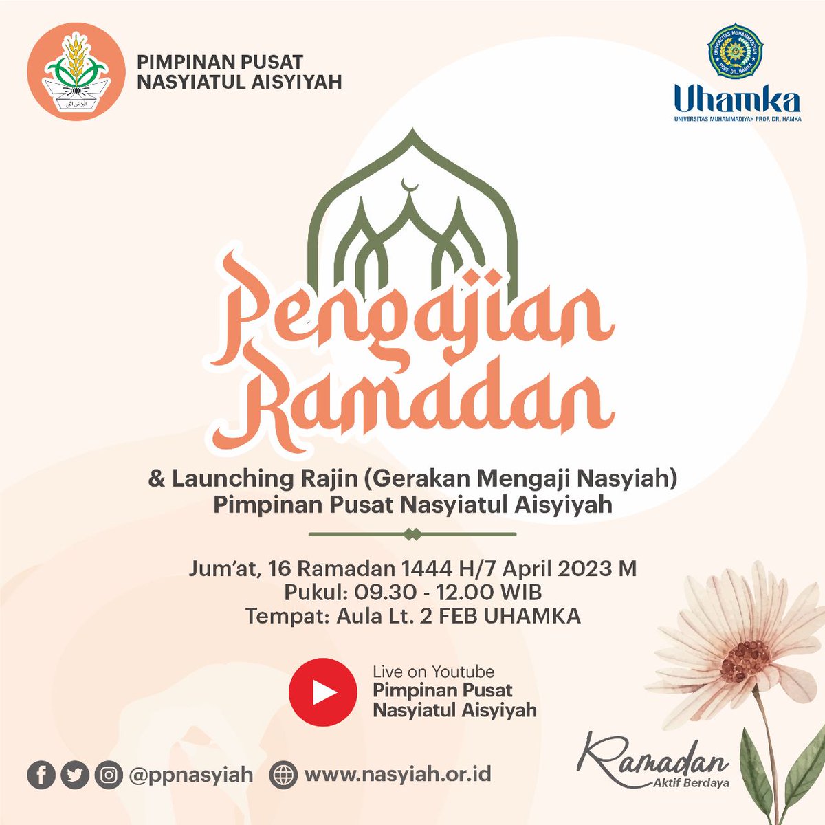 ppnasyiah's tweet image. Pengajian Ramadan dan Launching Rajin (Gerakan Mengaji Nasyiah)

Jumat, 7 April 2023 / 16 Ramadan 1444
Pukul 09.30- 12.00 WIB
Aula Lt.2 FEB UHAMKA

Live Youtube Pimpinan Pusat Nasyiatul Aisyiyah

#Pengajian #Ramadan #nasyiatulaisyiyah #GerakanMengajiNasyiah #Rajin