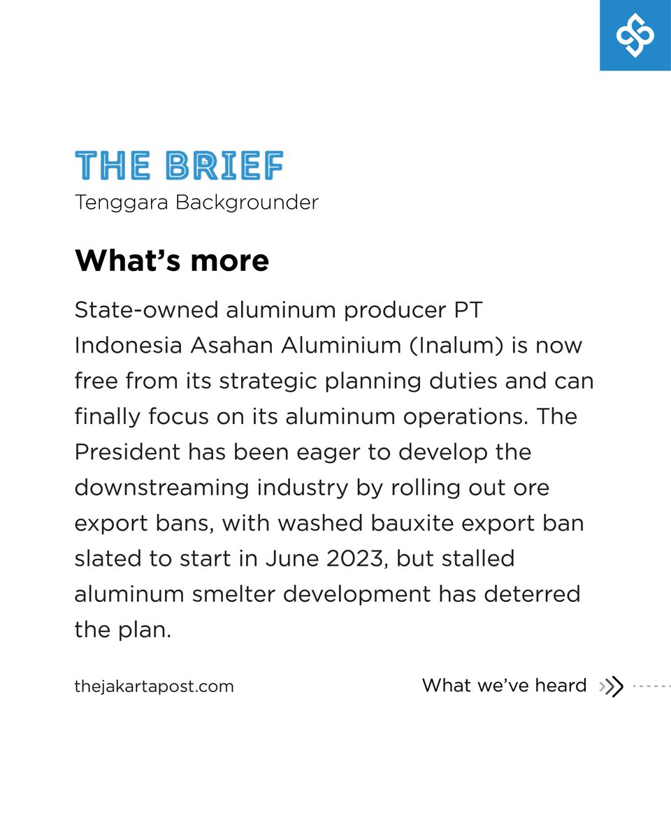 jakpost's tweet photo. Tenggara Backgrounder
Inalum to focus on aluminum smelting after MIND ID spin-off
(Want to read more? Visit https://t.co/uU2irOZp9h)
#tenggarabackgrounder #thebrief #inalum #mindid #menteribumn #downstreaming #hilirisasi #aluminum https://t.co/DlgIyUWXRQ