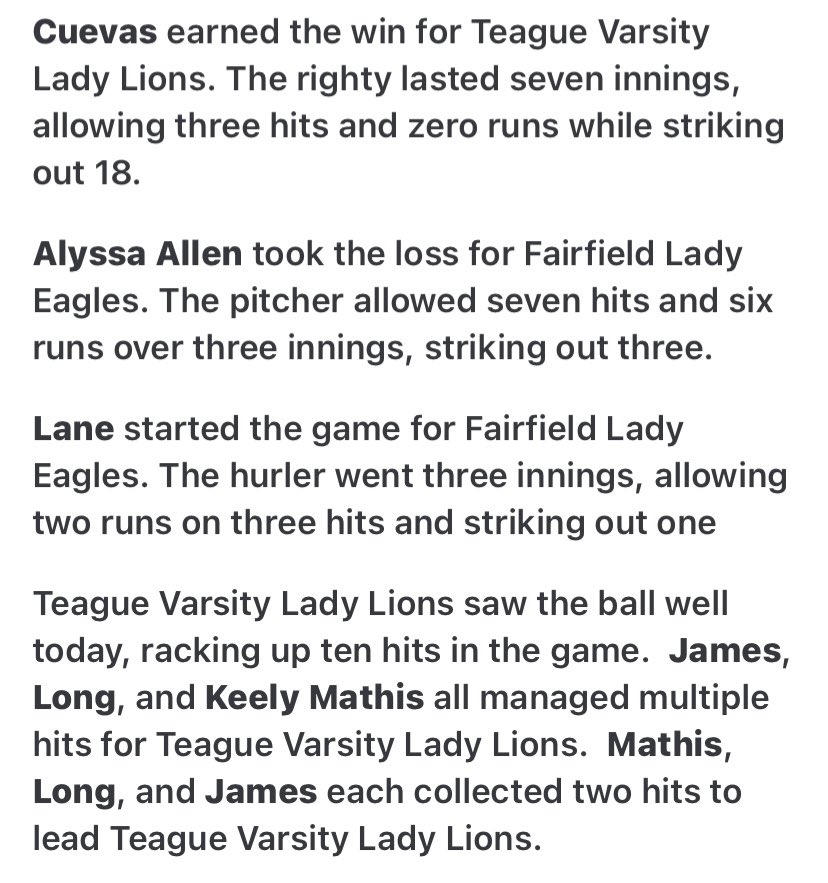 teague_ladylion's tweet photo. Varsity followed JV’s lead beating up on the Eagles tonight! 8-0 dub🦁

@DelaineyLong 2-2, 3RBI🔥
@KeelyMathis1 2-4, 1RBI
@linamj0509 2-4, 1RBI
@KayleeC2024_29 1-3, 1RBI, &amp; threw 18 Ks 😳
@cameronnewell03 1-3, 1RBI
@molliesims04 1-2
@ReeseStacks 1-3

Rivalry wins are the best! 🤘🏼 https://t.co/BpGxNETzCH