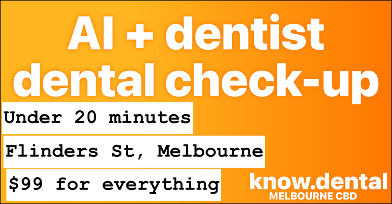 knowdental's tweet photo. We're trialing the future of dental checkups in Melbourne. Book in today and let AI and a dentist look over your teeth.