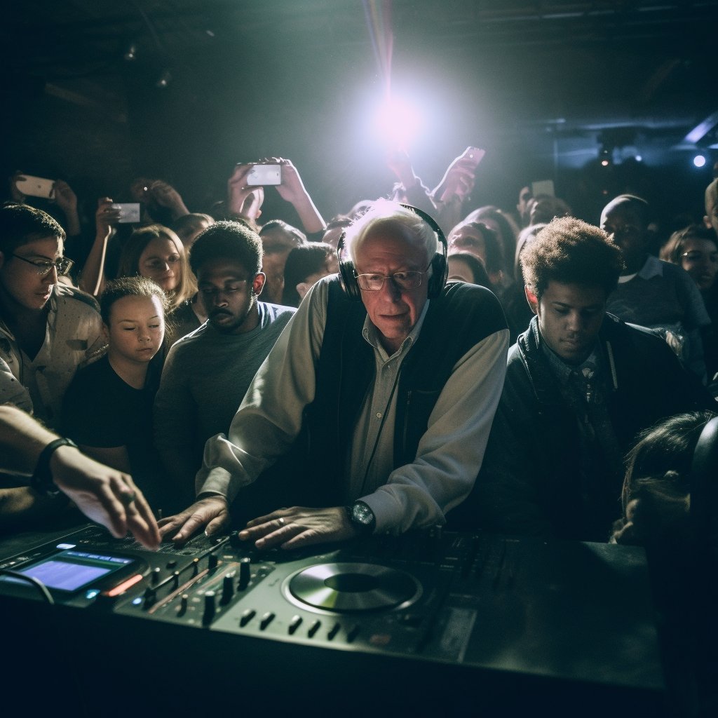 Brotractor's tweet photo. asked AI to do a Bernie Sanders Boiler Room set https://t.co/nTdYVemift