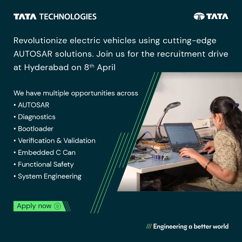 TataTech_News's tweet photo. Calling out all #embedded innovators at #Hyderabad. Are you looking for an exciting opportunity to shape the future of the automotive industry?

We're looking for over 200+ engineers.

#ComeJoinUs in #EngineeringABetterWorld- https://t.co/PyZ81rMYUh

#Jobs #tatatechnologies