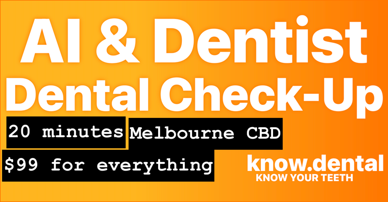 knowdental's tweet photo. A better way to do dental check-ups? Visit our diagnostic clinic opposite Flinders St Station and get AI to look over your teeth, checked by a dentist, and receive a comprehensive dental snapshot on your phone. Book in online for the check-up you need.