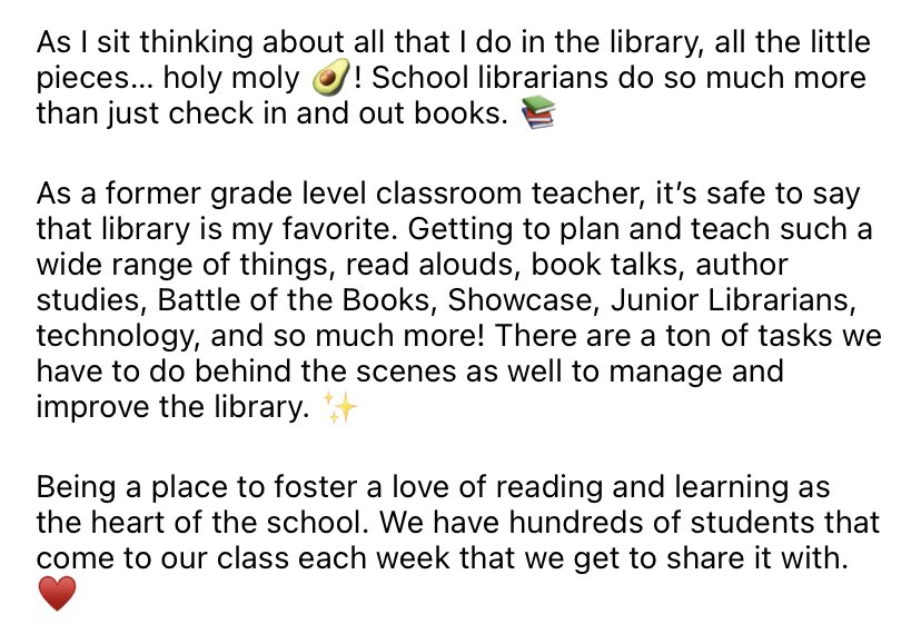 🎉 Happy School Librarian Day (and School Library month)!! 📚

Being a part of <a href="/usd259libraries/">usd259libraries</a> and what we get to provide for our students and staff is the best! ♥️

#wpsproud #teacherlibrarian #librarymediaspecialist