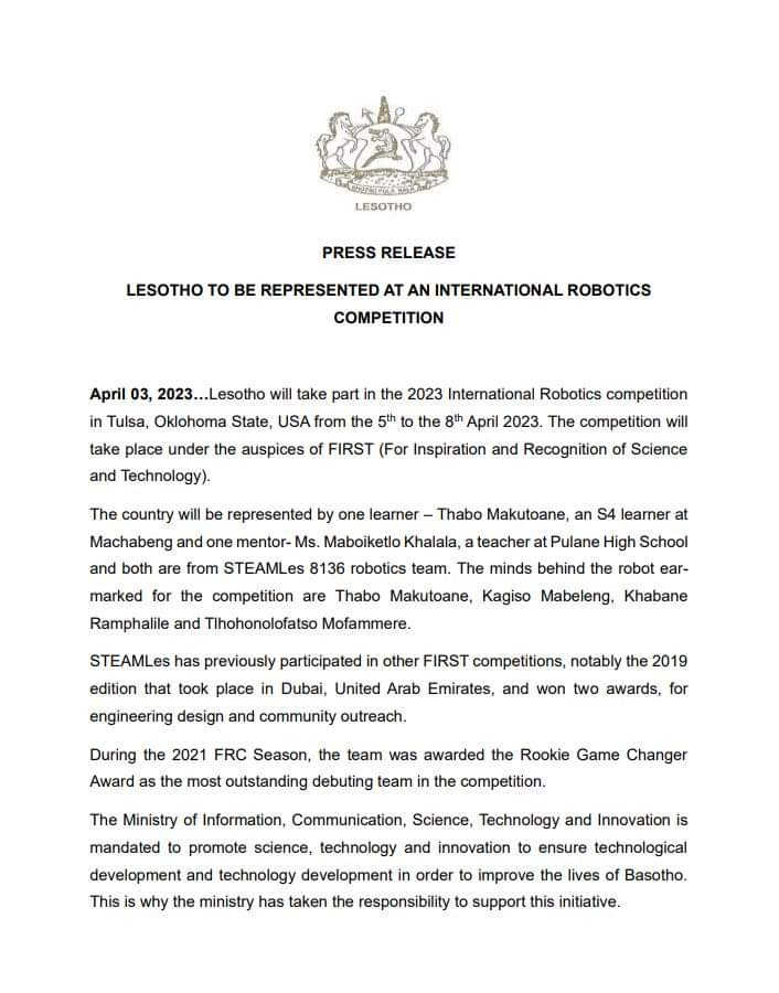 steamles's tweet photo. Hello team 8136 made it , to the national  TV News and on  Press release  by the Minister of Information, science, Technology and Innovation  in Lesotho. 
Let's change Lesotho  one robot at the time Steam enthusiasts 
@FRCTeams 
#FIRSTweets 
#ChargedUp https://t.co/PgcmVgxZZt