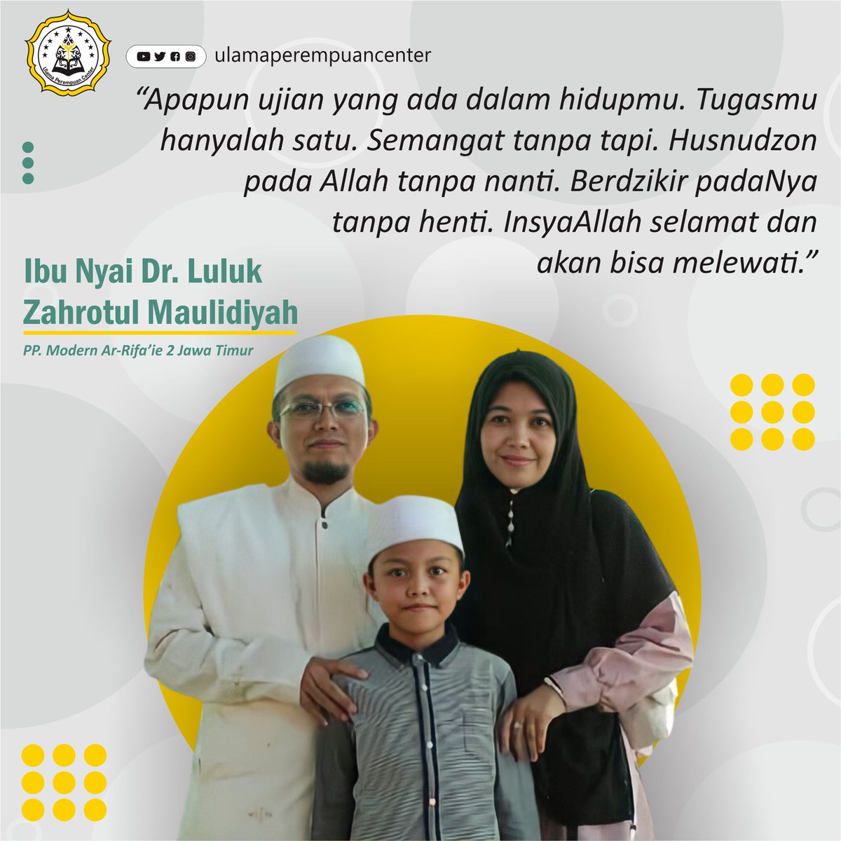 CenterUlama's tweet photo. ¶ Ibu Nyai Dr. Luluk Zahrotul Maulidiyah
PP. Modern Ar-Rifa'ie 2 Jawa Timur

NB:
Untuk mengikuti info terkini tentang dawuh-dawuh Ulama Perempuan'/ Bu Nyai Nusantara silahkan kunjungi website kami di link

https://t.co/6JfE271kpD

#ulamaperempuancenter
#dawuhbunyai https://t.co/cVcUoG0F9e