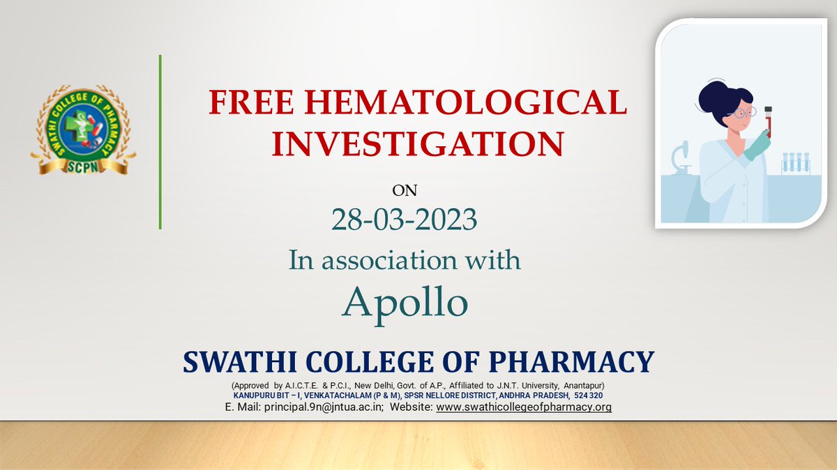 academicsswathi's tweet photo. ORGANISED FREE HEMATOLOGICAL INVESTIGATION IN ASSOCIATION WITH APOLLO..
#swathicollegeofpharmacy, #SCPN, #bcde https://t.co/qX8IwADNdB