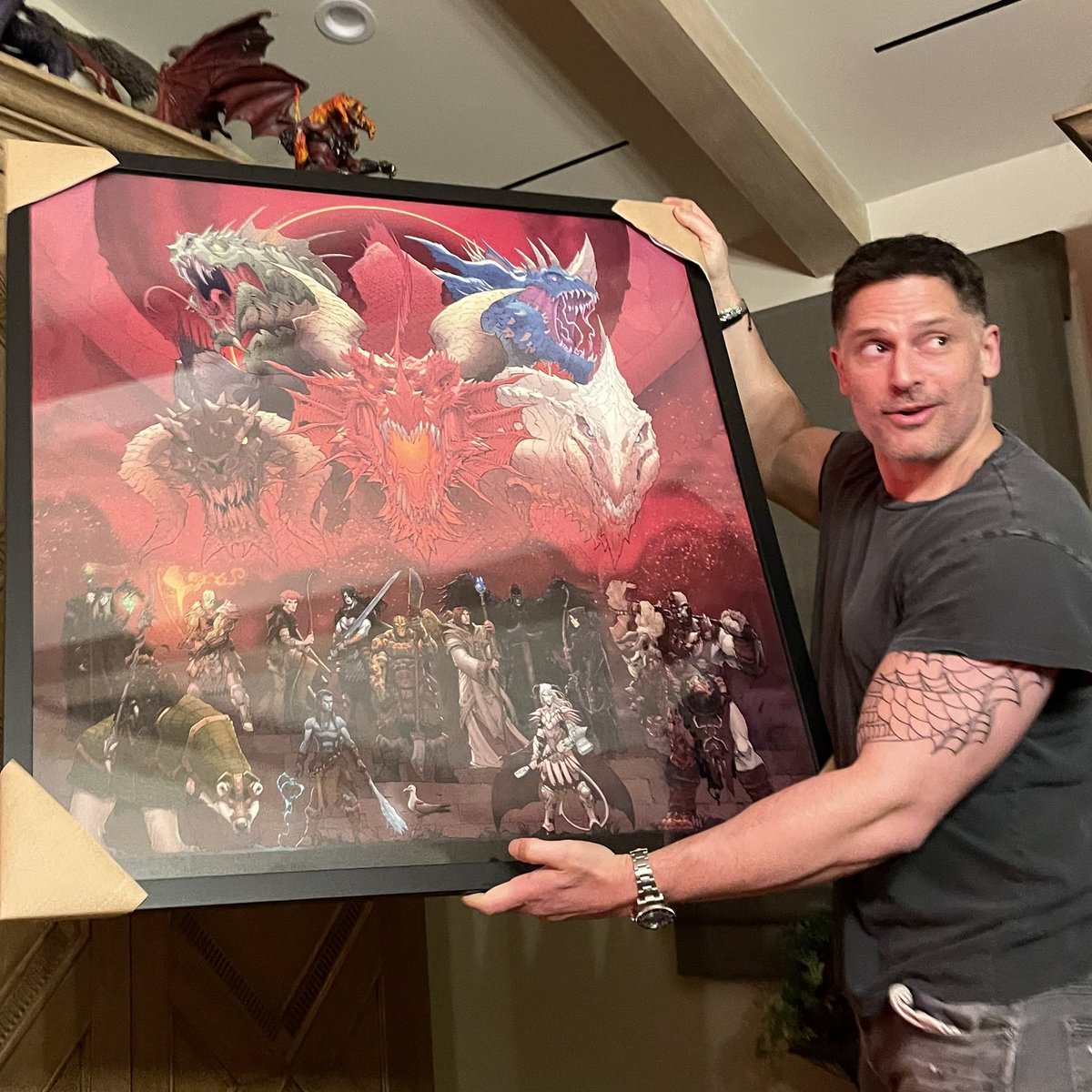JoeManganiello's tweet photo. Got the band back together after three years of being apart.
WAR OF DRAGONS Episode 73 kicked off with a food truck &amp; a two hour recap from the very first adventure five years ago. The Sandal of Gygax made its first appearance as did a gift of @Max_Dunbar art from Vince… 🤘🏽🐲🔥 https://t.co/pvdWHmvjGe