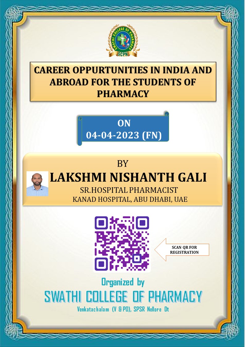 academicsswathi's tweet photo. CONDUCTED SEMINAR ON CAREER OPPURTUNITIES IN INDIA AND ABROAD FOR THE STUDENTS OF PHARMACY ON 04-04-2023.
SPEAKER : LAKSHMI NISHANTH GALI, https://t.co/vV8LeENxrw PHARMACIST
KANAD HOSPITAL, ABU DHABI, UAE
#swathicollegeofpharmacy, #SCPN, #careers, #careeropportunities, https://t.co/yZhIyT1ipl