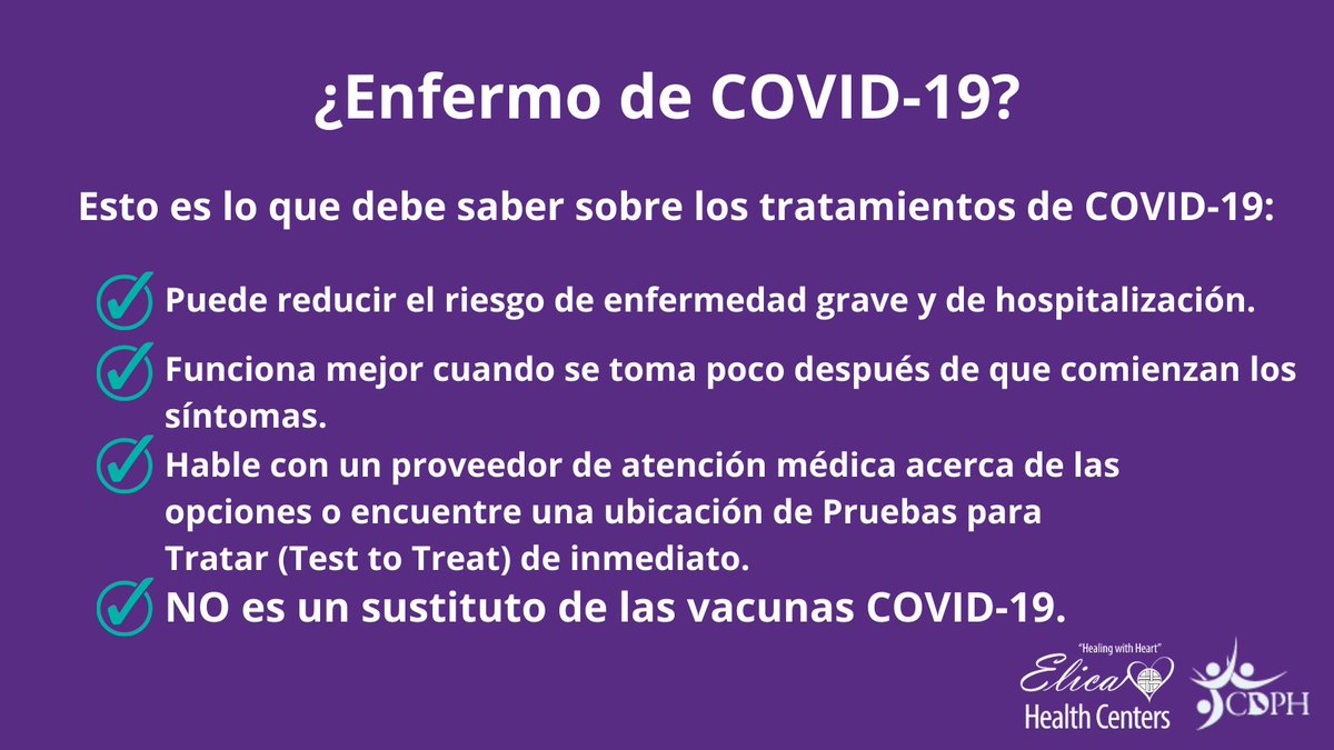 HealthElica's tweet photo. Hay medicinas gratis y ampliamente disponibles que son seguras y eficaces para tratar el COVID-19. Tan pronto como te sientas enfermo, hazte la prueba del COVID-19 y habla con tu proveedor de atención médica, visita https://t.co/nIzshxzBlw, o llama al 833-422-4255.
#Test2Treat https://t.co/bjh5gfMQJy