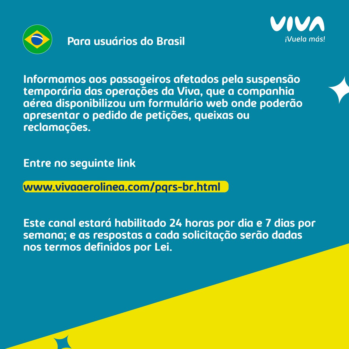 Informamos a los pasajeros afectados de México, Argentina y Brasil, que hemos dispuesto de un formulario web donde podrán radicar la solicitud de peticiones quejas o reclamos✍🏼

Puedes encontrarlo en vivaaerolinea.com
