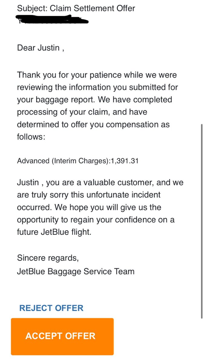 JustinCorp37's tweet image. @JetBlue ruined my sisters wedding by misplacing my baggage and sending it multiple days later. Then has the audacity to send me half of the amount spent on replacement items from THEIR error. Spent hours on the phone to deal with their inefficiency. Oh and I’m out $1500 #0stars