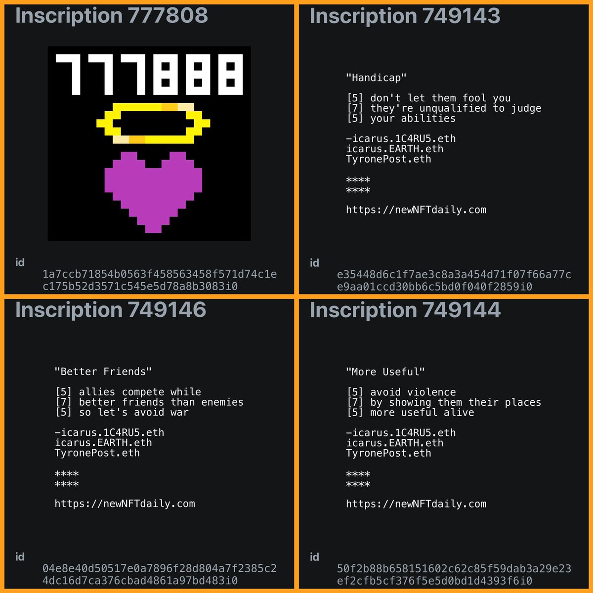 boredape6716's tweet photo. I’m excited to share many stories about
#TheFirstMillion digital artifacts.  💯

777-808 🥁
Purple Halo Heart
💜😇

[5]  don’t let them fool you
[7]  they’re unqualified to judge
[5]  your abilities

#Inscriptions
#Ordinals https://t.co/dkbryx7WR0