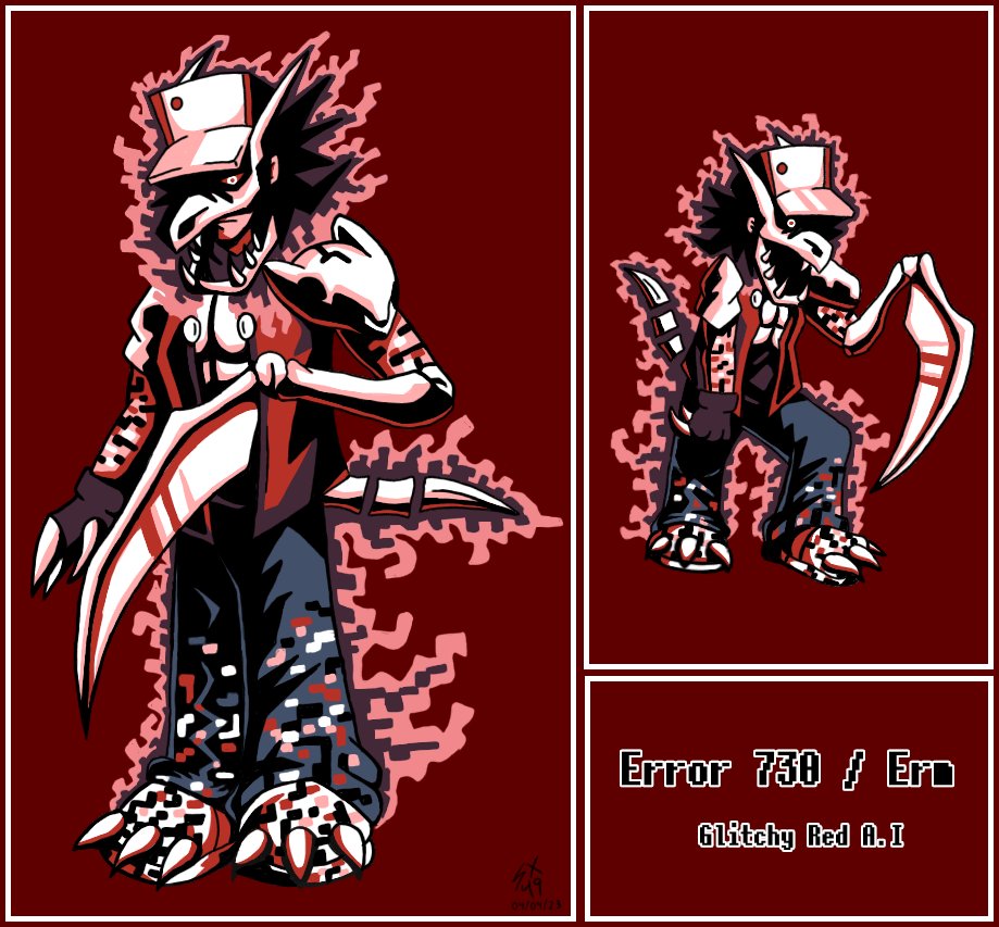 Sx497's tweet photo. OK I'm late again! (school, sorry) but i finally made my own Glitchy red A I and ref , it's not the best obviously but at least i had fun drawing this :)
#GlitchyRed #glitchyredai #ERROR730 #ERMSWEEP https://t.co/Jd8OaHdTxF