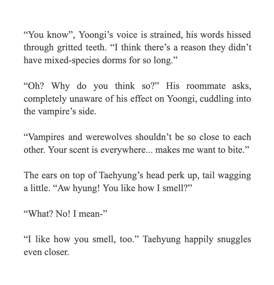 outro_roni's tweet photo. #taegi | roommates | vampire yoongi x werewolf taehyung | fluff | 100 words https://t.co/NDIblvS8C1