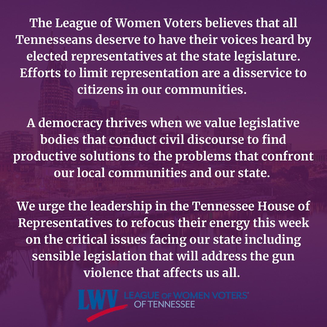NashvilleLwv's tweet photo. Tennessee House Republicans filed resolutions to expel three representatives for “disorderly behavior” after they led protest chants for gun reform on the floor of the chamber last week in the wake of the deadly Covenant School shooting.

⬇️ Here is our statement ⬇️ https://t.co/osG0izD1S2