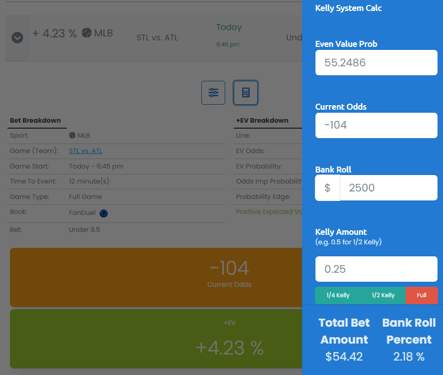 SB_Intel's tweet photo. Under 9.5 runs at -104 on FanDuel in the Cardinals/Braves game is 4.2% +EV to the fair value line of -123. With a $2500 bankroll and at a 1/4 Kelly amount (see our Kelly System Calculator), the ideal bet size for this line is $54.
#positiveEV #plusEV #sportsbetting #Kellysystem https://t.co/KDhghd1Hlp