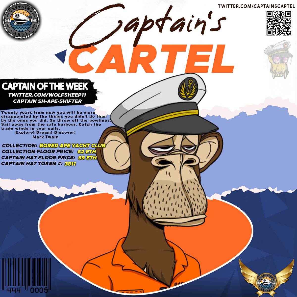 Captains Cartel (@captainscartel) on Twitter photo 🚨Attention - Captain on deck! 🚨
Lets celebrate and recognize <a href="/WolfSheep11/">Captain sh-APE-shifter</a>
as the #Captain of the week - Thanks for always representing the #CaptainHats trait -
The ship is yours Fam!
Keep a look out for next week's #Captain 🫡
Follow <a href="/CaptainsCartel/">Captains Cartel</a> and <a href="/WolfSheep11/">Captain sh-APE-shifter</a> 🚨Attention - Captain on deck! 🚨
Lets celebrate and recognize <a href="/WolfSheep11/">Captain sh-APE-shifter</a>
as the #Captain of the week - Thanks for always representing the #CaptainHats trait -
The ship is yours Fam!
Keep a look out for next week's #Captain 🫡
Follow <a href="/CaptainsCartel/">Captains Cartel</a> and <a href="/WolfSheep11/">Captain sh-APE-shifter</a>