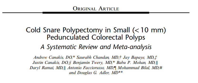 SChandanMD's tweet photo. 📢 Happy to share our 📄 🧐 at outcomes of cold snare ➰ in small pedunculated colorectal polyps

➡️ 6 studies, 1025 pts 
➡️ 1111 polyps (mean size 4-8.5 mm) 
✅ 99.7% en-bloc resection 
✅ 49.8% immediate 🩸 {🛑 with 📎}
✅ 0% delayed 🩸

👉 https://t.co/pr2Lj3SSN2 #GITwitter https://t.co/oiqUTHsntD