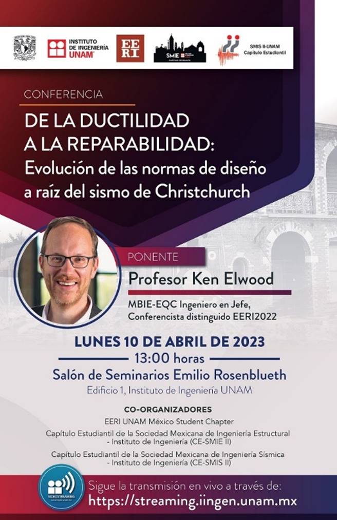 CICMoficial's tweet photo. El Instituto de Ingeniería de la UNAM le invita a la conferencia: “De la ductilidad a la reparabilidad: Evolución de las normas de diseño a raíz del sismo de Christchurch, con el profesor Ken Elwood.

Lunes 10 de abril. 13:00 horas https://t.co/MuE1ZDslf1