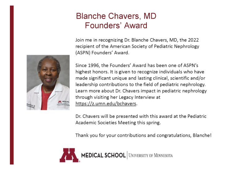Congratulations to my colleague and mentor <a href="/BlancheChavers/">Blanche Chavers</a> on receiving the <a href="/ASPNeph/">American Society of Pediatric Nephrology</a> Founders’ award!