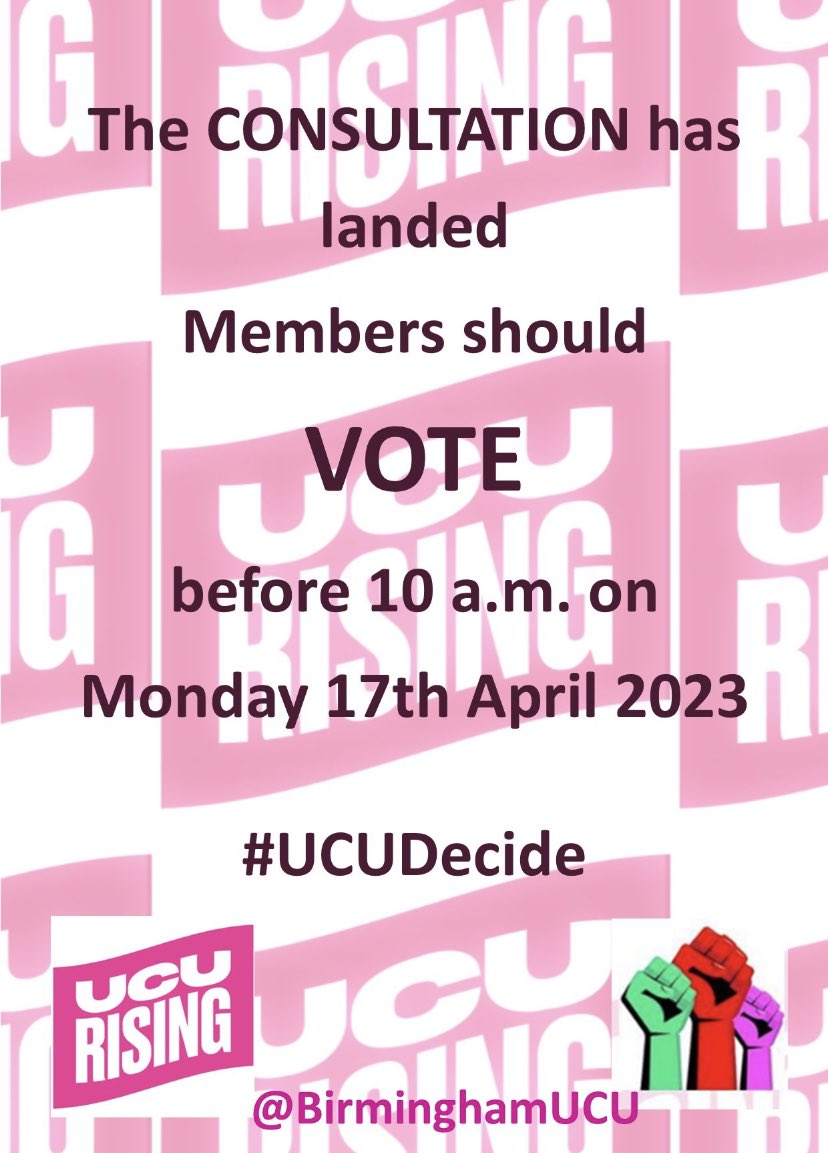 BirminghamUCU's tweet photo. 🚨 The formal consultation has arrived in eligible members Inboxes. Members should read *ALL* included documentation before voting🚨

HEC Recommends:
❌Vote REJECT on #FourFights
❎Vote NOTE on #USSmess

#UCUDecide #BUCUDecide #ucuRISING @ucu @WestMidsUCU @illdoitanyway https://t.co/72c3mLDNQM