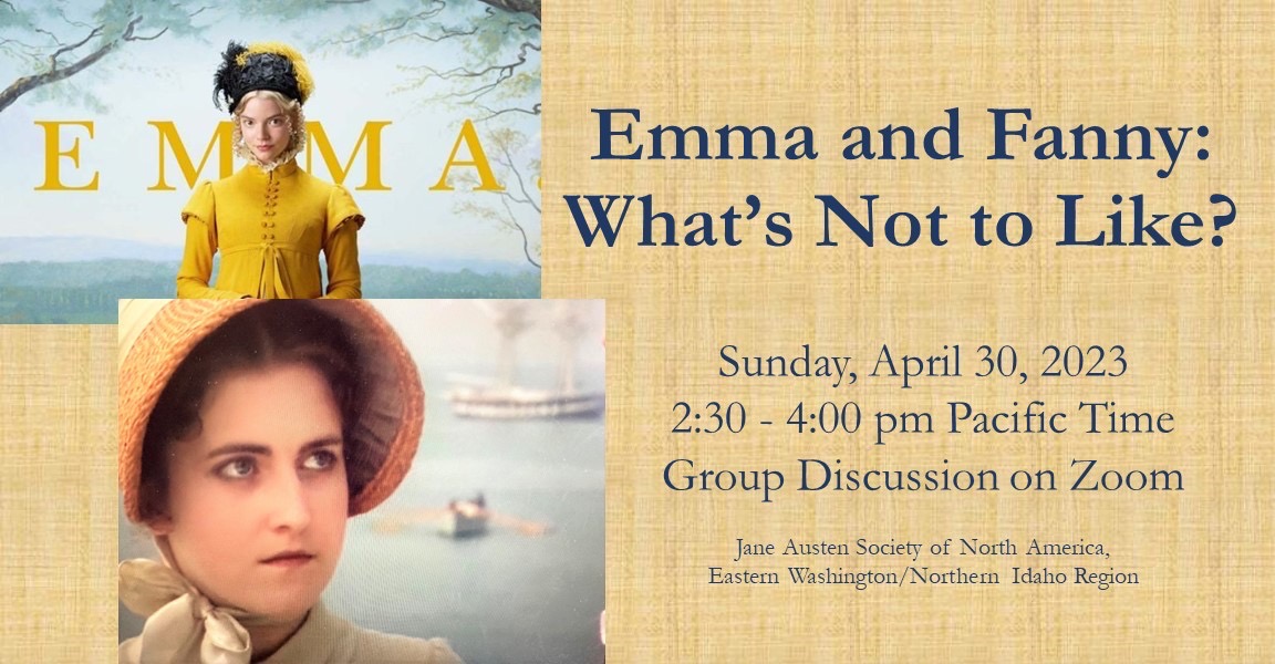 JASNA_EWANID's tweet photo. Please join us for our next event, a Zoom discussion of "Emma and Fanny: What's Not to Like?" on 4/30! Register here for this free discussion: https://t.co/UlyFueyMHw
#JaneAusten #Emma #MansfieldPark #Spokane #CoeurdAlene #Pullman #Moscow https://t.co/Lbqaxsmzsi