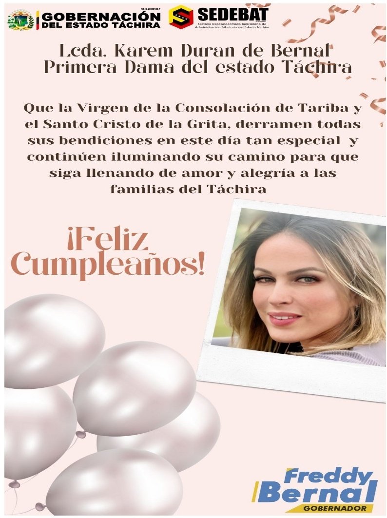 BermudezJoseA's tweet image. #04Abr Feliz Cumpleaños a nuestra Primera Dama del estado Táchira la Lcda. @KaremDeBernal, que la Virgen de la Consolación de Tariba y el Santo Cristo de la Grita la llenen de bendiciones en este día tan especial 
¡Felicidades!
@FreddyBernal