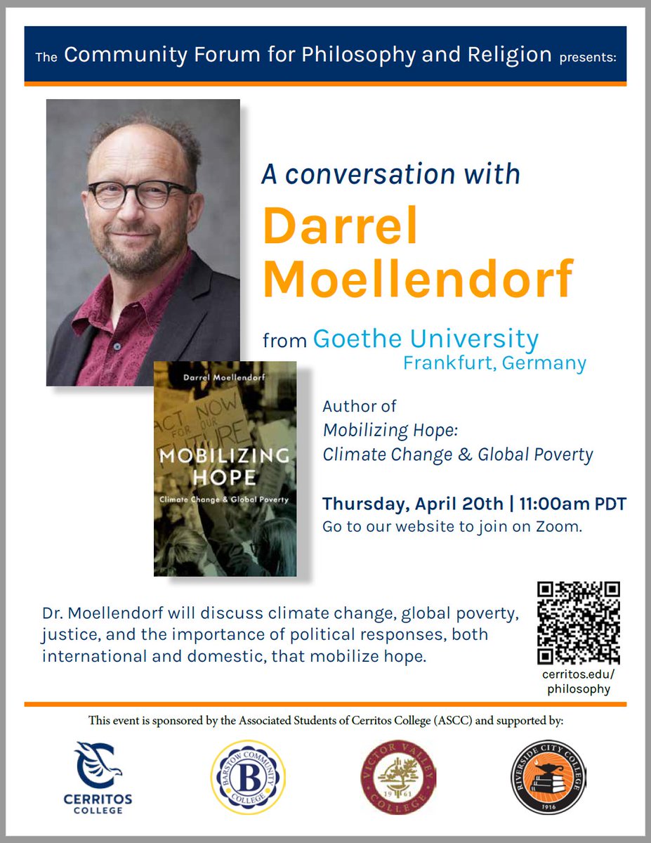 Phil_Cerritos's tweet photo. We are looking forward to hosting Darrel Moellendorf for a discussion of this critical issue. As the date approaches, use the QR code for information on how to join us on Zoom. @DrJfierro_ @onbeingapatient @cerritoscollege @TalonMarks https://t.co/gD4LyraG46
