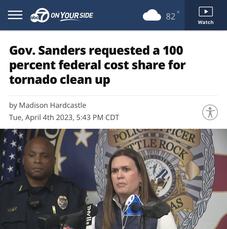 ProDemocracyRTs's tweet photo. Arkansas Gov. Sarah Huckabee Sanders, who vowed in January to resist the “meddling hand” of the federal government, now says the feds picking up 75% of her state’s tornado recovery costs isn’t enough — she wants 100%. https://t.co/yTMInuru5v
