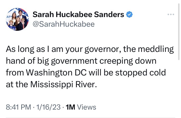 ProDemocracyRTs's tweet photo. Arkansas Gov. Sarah Huckabee Sanders, who vowed in January to resist the “meddling hand” of the federal government, now says the feds picking up 75% of her state’s tornado recovery costs isn’t enough — she wants 100%. https://t.co/yTMInuru5v