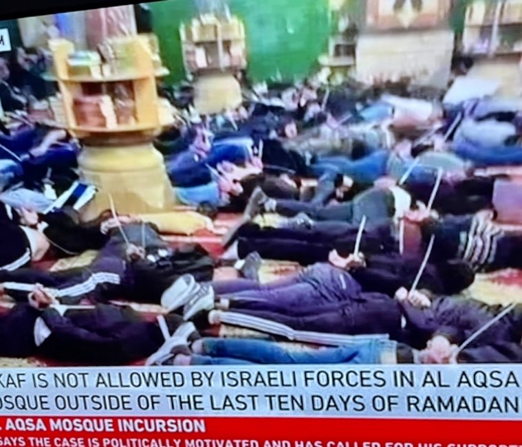 What do these scenes remind you of: Palestinian worshippers made to lie face down in handcuffs at Al Aqsa ‼️