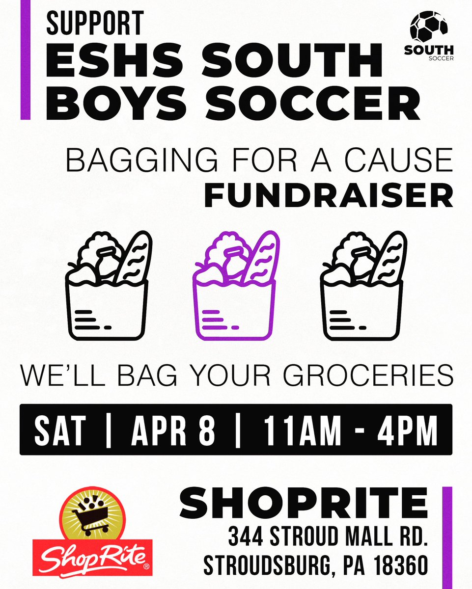 eshsboyssoccer1's tweet photo. Need some GROCERIES for Easter weekend? 🍎🥦🥩🥚🍞 Come to ShopRite this SATURDAY between 11am - 4pm and we'll bag your groceries! Help SUPPORT BOYS SOUTH SOCCER 💜⚽️#southsoccer #bleedpurple #southsidetough #grocerybagger #easterweekend #easterdinnerprep https://t.co/m1ZQnTatrH