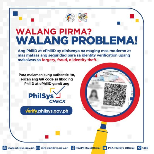 PSAgovph's tweet photo. Walang pirma? Walang problema!
Dinisenyo para sa mas moderno at mas mataas na seguridad para sa identity verification, ang PhilIID at ePhilID ay malalamang authentic gamit ang PhilSys Check.
#PhilID #ePhilID #PhilSys #NationalID https://t.co/LDQmcnABUy