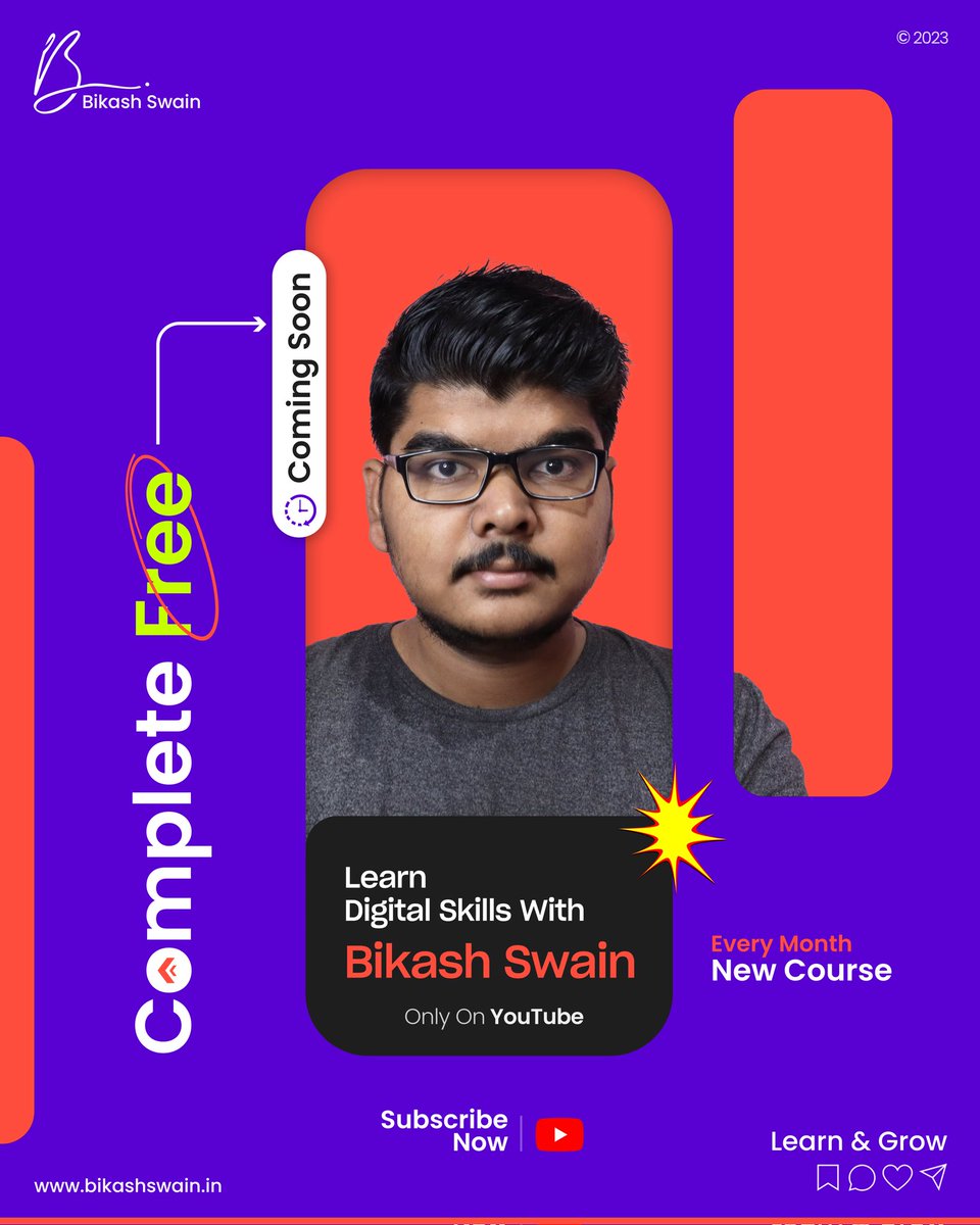 Get ready to learn Digital Skills for free only on YouTube.

Subscribe my YouTube channel link in bio & get ready to learn digital skills every month.
youtube.com/@iBikashSwain

#digitalmentor #bikashswain #digitalskills #digitalmarketing #graphicdesign #uiuxdesign  #webdevelopment