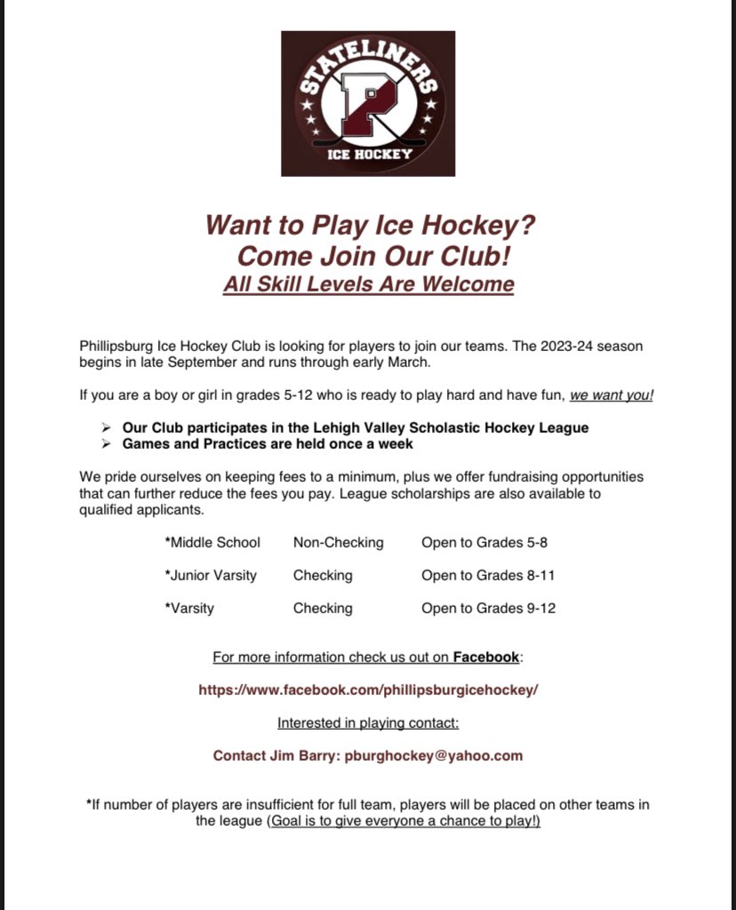 IcePburg's tweet photo. Interested in playing for Phillipsburg Ice Hockey Club? See below information and contact us…. https://t.co/YxzI0hJcsS
