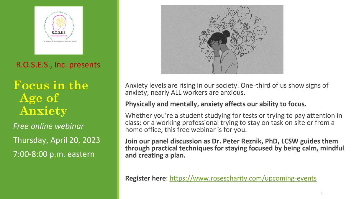 jayabohlmann's tweet photo. Anxiety affects nearly all of us at work, school and home.  ROSES, Inc, a mental health charity, is offering a free webinar on April 20 offering guidance. Please join us! Register @RosesCharity https://t.co/c5pa5ssKqZ