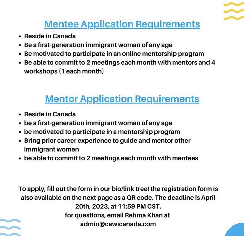 CAWI_CA's tweet photo. CAWI is proud to announce the launch of our Pairing Program this year! If you are interested in being a mentor or mentee, please sign up using the link in our bio or the QR code on the last image. The deadline is April 20th at 11:59 pm! https://t.co/tVV2xCGn9T